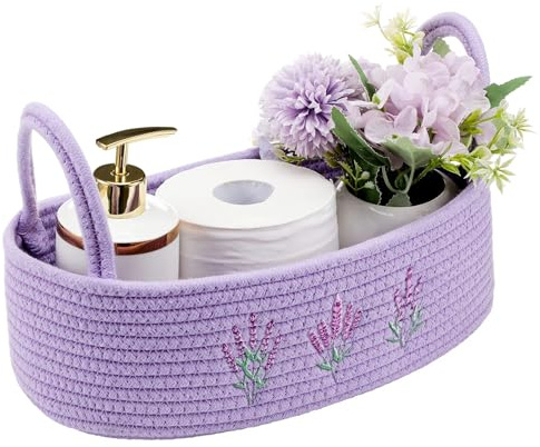 Vesici Storage Basket for Toilet Tank Top Lavender Purple Woven Cotton Rope Bathroom Countertop Toilet Paper Basket with Handle Boho Bathroom Decor for Organizer Nursery Toys 13 x 6 x 4 Inch