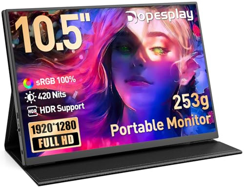 Dopesplay 10.5 Portable Monitor, HDR 1920x1280 FHD Ultra Slim 100% sRGB Portable Screen, 420 Nits Mini Secondary Display with Protective Case & Speakers, USB-C/HDMI Monitor for Laptop/PC/Switch