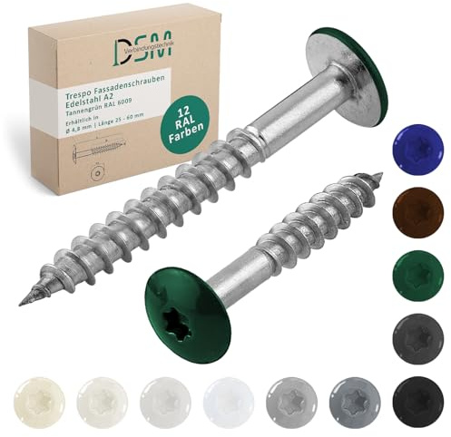 DSM – Trespo Fassadenschrauben 4,8 x 50 mm – 50 Stück Tannengrün | RAL 6009 – Edelstahl A2 Flachrundkopf mit Torx TX20 – selbstschneidend [TrueSpec Präzision] Holzbauschrauben für HPL Platten