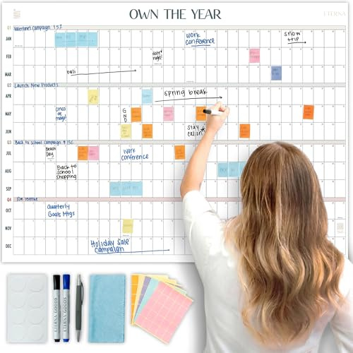 ETERNA GOODS Undated Giant Wall Calendar | 4ft x 3ft Full-Year Dry Erase Planner Start Anytime, Own The Year Jumbo Whiteboard Wall Calendar, Includes Markers, Stickers & Mounting Kit, for Home or Office