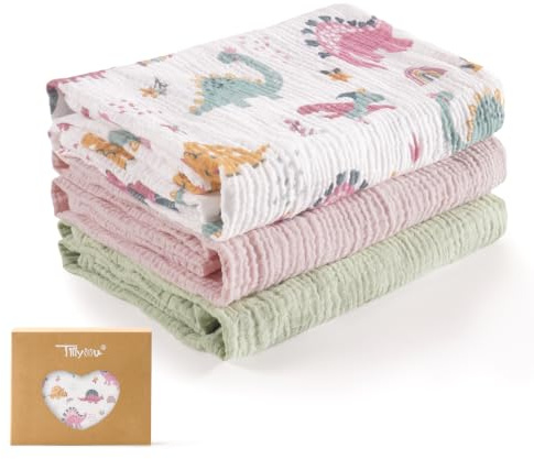 TILLYOU 3er Set Musselintücher Baby Pucktuch 75x100 cm Musselin Decke Baby Pucktücher 100% Baumwolle Babydecke, Regenbogen Dino