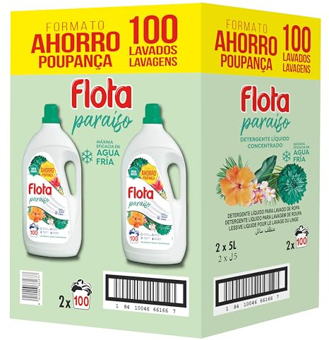 FLOTA PARAÍSO | Detergente Líquido Quitamanchas incluso en Agua Fría para Lavadora | Ropa Blanca y de Color | Formato Familiar 2x100 Lavados
