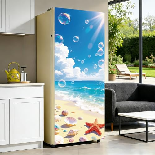 PRESSINART 2Pcs Summer Beach Fridge Wraps Full Door Covers 200 x 40 cm | Ocean Theme Refrigerator Wrap Vinyl Removable Self-Adhesive Peel and Stick Fridge Door Decals for Kitchen Bar Home Decor