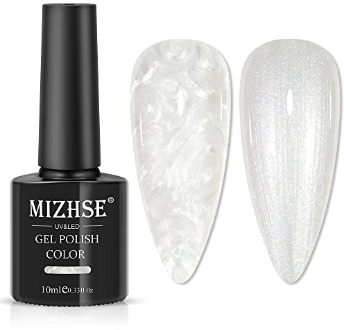 MIZHSE White Gel Nail Polish Pearl Shimmer Nails Home Salon DIY Manicure | UV/LED Cured, Soak-Off, Long Wearing, Pearlescent Effect, Nail Art