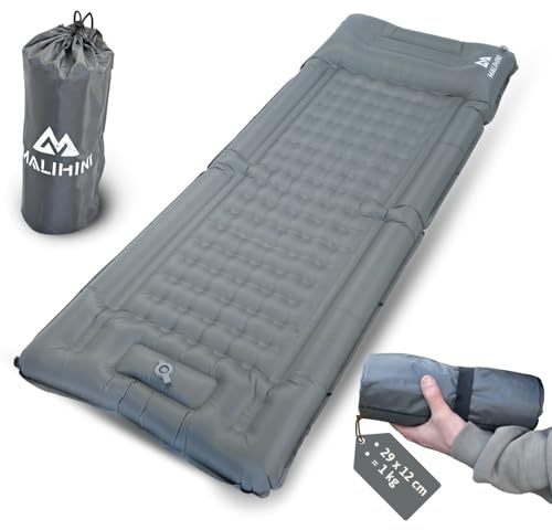 MALIHINI Camping Isomatte selbstaufblasend | Fußpumpe & Kissen | 10 cm dick | Ultraleichte aufblasbare Luftmatratze & Schlafmatte, kleines Packmaß, koppelbar - für Trekking, Motorrad & Outdoor