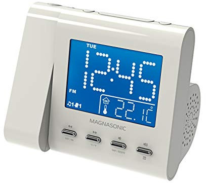 Magnasonic Projection Alarm Clock with AM/FM Radio, Battery Backup, Auto Time Set, Dual Alarm, Nap/Sleep Timer, Indoor Temperature/Date Display with Dimming & 3.5mm Audio Input - White (EAAC601W)