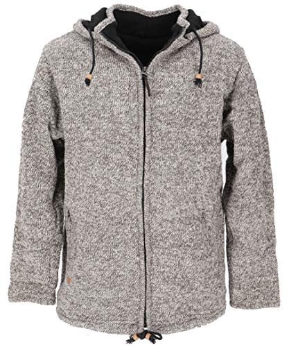 GURU SHOP Wolljacke aus Nepal, Warme Gefütterte Strickjacke Grau Melliert - Modell 3, Herren, Wolle, Size:L