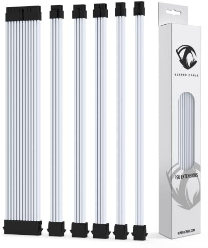 Reaper Cable Sleeved PSU Extension Set - Power Supply Extensions - 1x 24 Pin/ 2x 8 Pin/ 2x 6 Pin/ 1x 4+4 Pin - With Combs - 30cm (White)