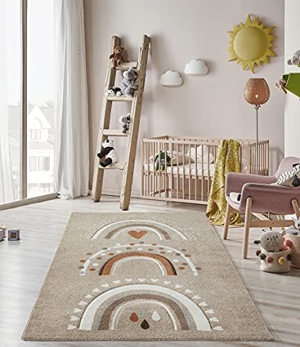 the carpet Monde Kids Moderner Weicher Kinderteppich, Weicher Flor, Pflegeleicht, Farbecht, Lebendige Farben, Regenbogen Muster, Beige, 120 x 170 cm