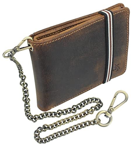 Visconti Leather Biker Wallet with Security Chain RFID Plus Tap and Go CHN Oil Tan Elastic