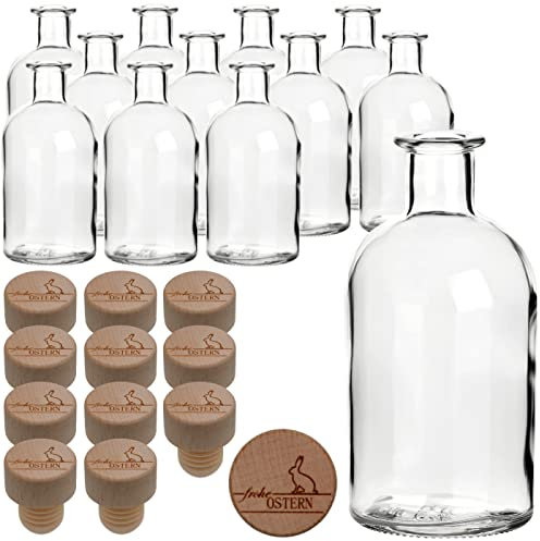 gouveo 12er Set Glasflasche 250 ml Apotheker mit Holzgriffkorken Frohe Ostern I - Leere Flasche mit Korken zum Befüllen Apothekerflaschen, Likörflaschen, Deko-Flaschen