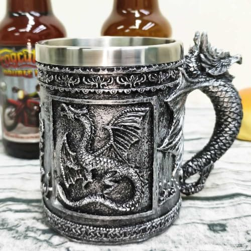 CUZOKOLA Medieval Dragon Mug Dungeons and Dragons Beer Stein Cup for Game Thrones Gifts Decor -14oz Reusable Stainless Steel Party Dragon Coffee Mug Drinking Cup for Men Father's Day Gifts