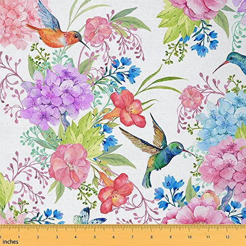Kolibri Stoff Meterware Gelber Schmetterling Blumen Dekostoff Meterware Wilde Tiere Vögel Polsterstoff Rosa Blumen Aquarell Frische Natur Drinnen Draußen Stoff 92 x 150 (HxB)