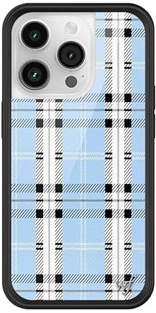Wildflower Schutzhüllen – Blau karierte Hülle, kompatibel mit Apple iPhone 14 Pro, Vintage, Schwarz, Blau, trendy, kariert, 80er-Jahre, schützender schwarzer Stoßfänger, 1,2 m Falltest-zertifiziert,