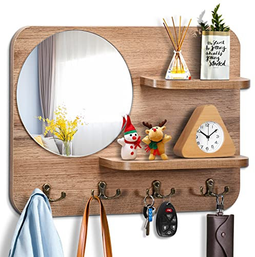 YeadCedle Wooden Key Rack with Mirror, Shelf and 4 Key Hooks for Rustic Entrances, Hallways, Living Rooms and Bedrooms - 16x12 (Oak Color)