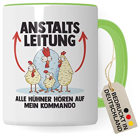 Hühner Tasse Huhn Kaffeetasse Anstaltsleiter Kaffee-Becher Hühnerhalter Geschenk Hühnerbesitzer Geschenkidee Lustig Humor Spruch (Weiß/Grün)