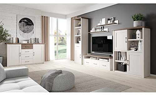 Lomadox Anbauwand Wohnzimmer im Landhausstil in Pinie weiß Nb./Trüffel Eiche Nb., B/H/T: ca. 344/201/43 cm
