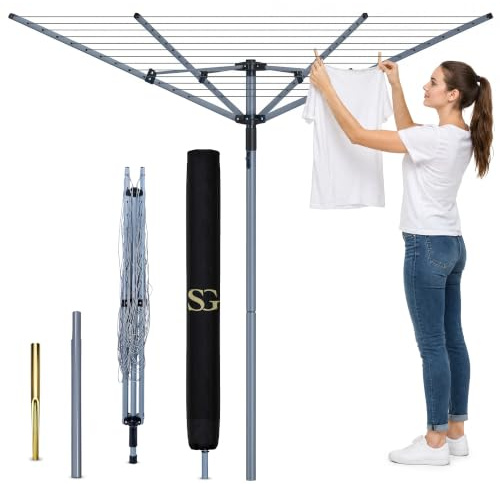 SG 4 Arm 45m Rotary Washing Line Outdoor, Heavy Duty Large Clothes Rotating Airer Dryer Garden use, Easy to Open and Close along with Ground Spike and Cover, Silver (45m)