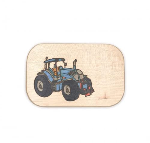 Frühstücksbrett Blauer Trecker – Personalisiertes Ahornholz-Brettchen für kleine Traktor-Fans