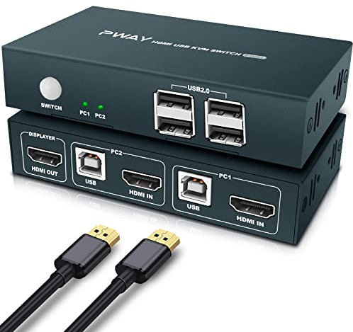 KVM Switch HDMI 2 Ports, 4K@30Hz USB2.0 pour 2 PC 1 monitor Switch, Commutateur KVM Interrupteur à Bouton, KVM Switches avec 2 câbles HDMI et 2 câbles USB, Adaptation Automatique des EDID