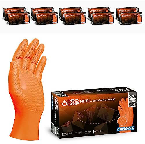 500x PROGRIP Gants nitrile taille XXL Orange [Avec double épaisseur et texture diamantée], Gants nitrile à usage unique pour atelier, industrie et montage, Gants nitrile à usage unique
