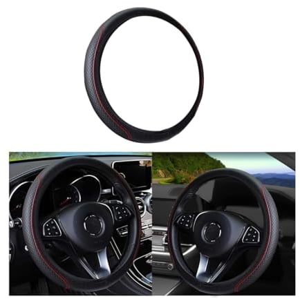 CGEAMDY Leather Car Steering Wheel Cover, Elastic, Breathable and Anti-Slip, Universal 38 cm, Cool in Summer Warm in Winter, Steering Wheel Protector Cover for Men Women, Car Accessories(Black-Red)