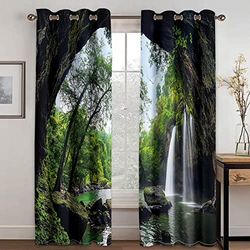 Verdunklungsvorhänge Kinderzimmer 3D Dschungel Höhle Wasserfall Ansicht Vorhang Kinderzimmer Blickdicht Gardinen Mädchen 140x160 Cm Vorhänge Für Schlafzimmer Wohnzimmer, Verdunkelung Vorhänge Mit Ö