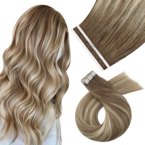Moresoo Invisible Tape in Extensions Echthaar Hellbraun 60 cm Tape Extensions Kastanienbraun mit Goldblond Echthaar Extensions Tape Klebe Extensions Braun 10 Stück 25g/Pack #8/22/8