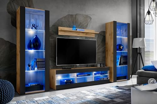 Komodee Wohnwand Wohnzimmerset Tivoli Grande, Schwarz/Wotan, Breite 250cm x Höhe 159cm x Tiefe 35cm, LED Blau, für Wohnzimmer, Schlafzimmer