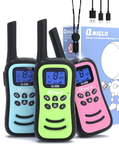 QNIGLO Talkie Walkie Enfants, 3 PCS Talkie Walkies Rechargeable Jouets Garçon Filles 3-12 Ans, Radio à 2 Voies avec 8 Canaux & Lampe de Poche, Cadeaux pour Aventures Extérieures, Camping, Randonnée