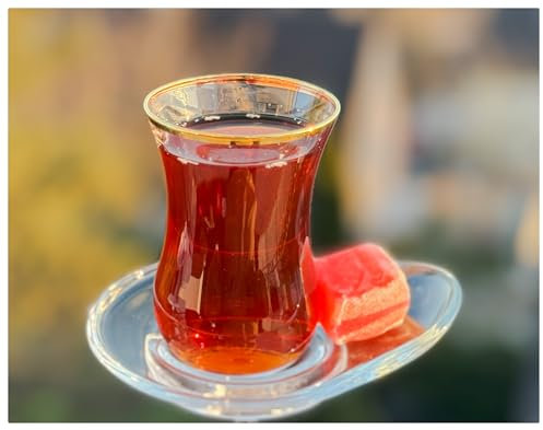 Topkapi Service à thé turc Berrin-Sultan de 12 pièces pour 6 personnes - 6 verres à thé et 6 soucoupes - Verre à thé avec bord doré - Avec soucoupe goutte - Emballage sûr