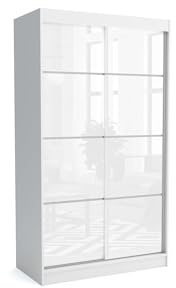 Brent - Kleiderschrank Schiebetüren July, 120cm Breit, Schlafzimmerschrank mit 1 Kleiderstange und Einlegeböden für Kleidung, Kleiderschrank Weiß Matt/Weiß Hochglanz
