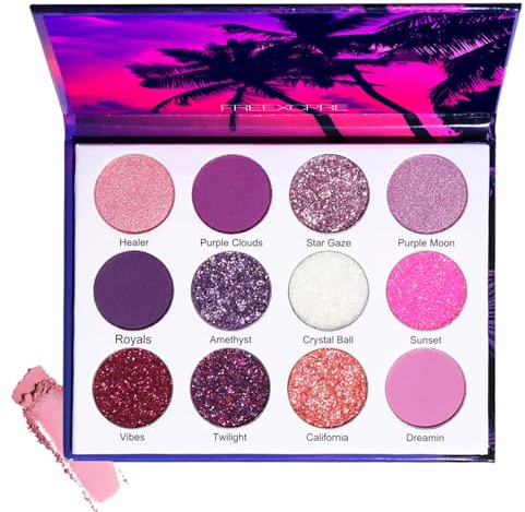 Lidschatten Palette, 12 Farben Eyeshadow Palette Matt Shimmer Glitter, Lidschatten Lila Feine Textur & Hohe Farbwiedergabe, Perlen Finish Augen-Makeup Wasserfest & Langlebig, Makeup Paletten für Party