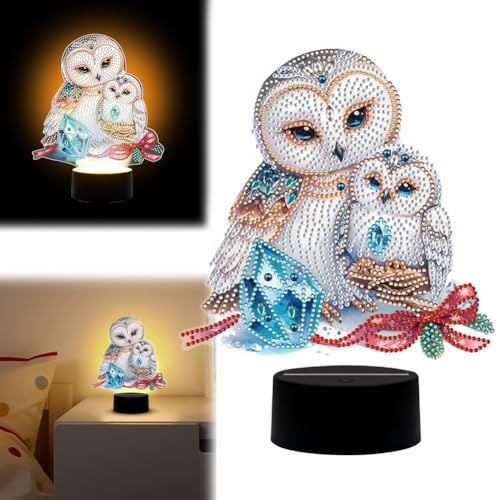 Demiawaking Diamond Painting Nachtlicht Tischdeko, Diamant Malerei Nachttischlampe Tischlampe LED Deko, DIY 5D Diamant Painting Lampe für Kinder Geburtstag Geschenke (Eule 02)