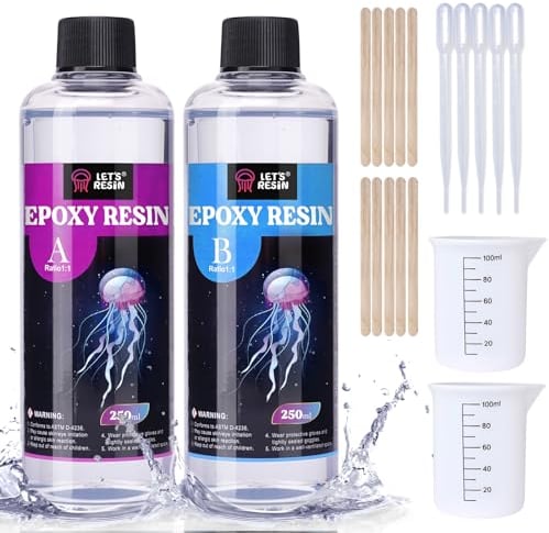 LET'S RESIN 500ml Epoxidharz Set, Blasenfreies Gießharz Set, 1:1 nach Volumen, Transparent Epoxidharz mit Härter für Kunstwerke Gießharz, Schmuck, Formen Silikon, Tischplatte, Hitze- & UV-Beständig