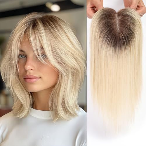 HAIRCUBE Haartopper für Frauen Top Haarteile 100% echtes menschliches Haar mit Pony Menschenhaartopper mit Schweizer Spitzenbasis handgebundenes Haar verlieren/dünnen Haar 14 Zoll ombre hellblond