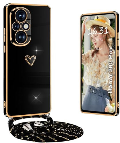 Yutwo Cover per Honor 200 Pro con Cordino, Elettrolitico Cuore Custodia con Tracolla, Antiurto Donna Cover - Nero
