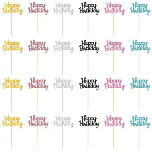 24 Pcs Happy Birthday Cupcake Toppers - Glitter Cake Picks for Birthday & Baby Shower - 6 Colors