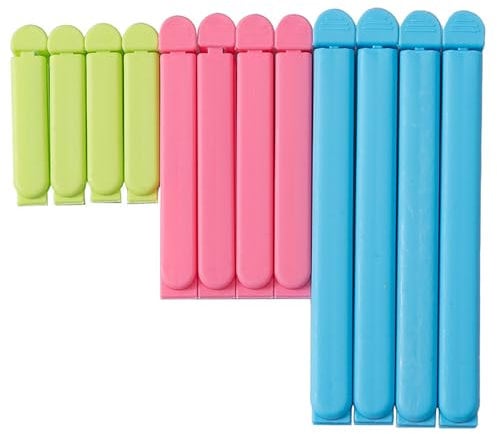 SHUBEIEUMI 12 Pcs Food Bag Clips, Plastic Sealing Bag Clips in 3 Sizes and 3 Colours, Reusable Food Bag Clips for Keeping Food Fresh, sealing packets, Freezer Bags and Pet Food Storage Bags.