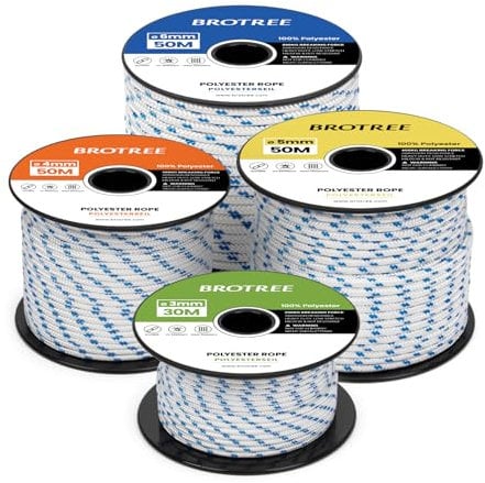 Brotree Cuerda Poliéster 5mm x 30m Blanco/Azul en Rollo - Cordón Trenzado Cuerda Multiusos para Exterior, Amarre, Nautica, Driza - 400KG Carga de Rotura