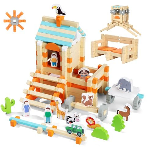 ZLLkeji Bausteine Holz Bunt Bauklötze Spielzeug 122 Stück Holzbausteine Baukasten Kinderspielzeug für Geschenk Ab 3 4 5 6 7 8 9 10 Jahre Junge Mädchen Bauklötze Kinderspielz
