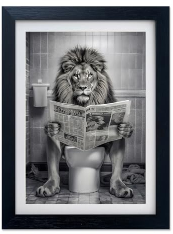 Schwarz-weißes Badezimmer-Wandkunst, Löwe im WC-Dekor, Badezimmerbild, lustiges Tier, Leinwanddruck, Kunstwerk