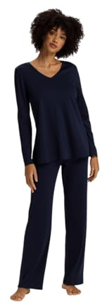 Hanro - Cotton Silk Damen Schlafanzug – Langarm-Shirt und Hose, V-Ausschnitt, Merzerisierte Baumwolle