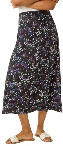 Roman Originals Jersey Skirt for Women UK - Ladies Midi Maxi Floral Animal Print Autumn Winter Swing Smart Casual Office Cocktail Party Going Out Evening Holiday Cruise - Onyx Blue - Size 16