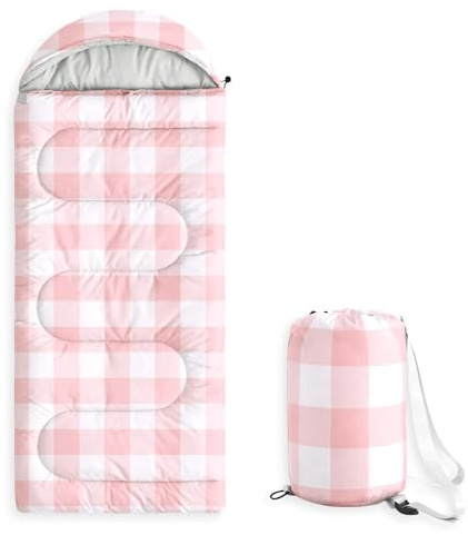 Wake In Cloud - Kids Sleeping Bag for Boys Girls Toddlers, Camping in Warm Cold Weather, Backpacking Lightweight Compact Outdoor Liner for 3 Seasons, Gingham Plaid, Pink