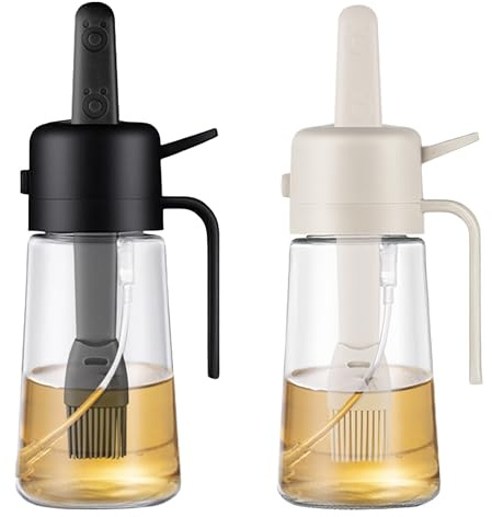 Wood Homing 2-in-1 Oil Spray Brush Bottle - 470ml Glass Olive Oil Dispenser Sprayer Container Pourer with Silicone Brush for Cooking Food-Grade Mister for Kitchen Air Fryer Salad Frying BBQ Baking