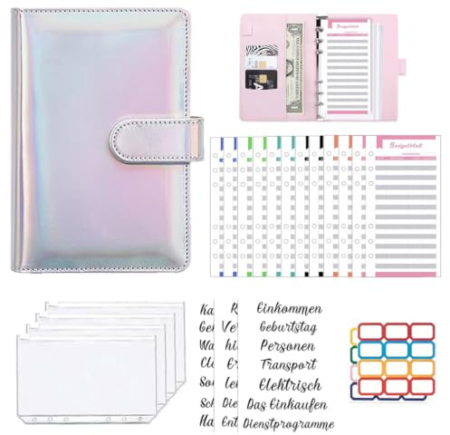 Dakuailo A6 Budgetplaner mit deutschen Budgetblättern, silber, 12 Taschen | A6 Budgetplaner auf Deutsch, Umschlagmethode für Bargeld, Sparbuch & Geldbörse mit Fächern, kompakt