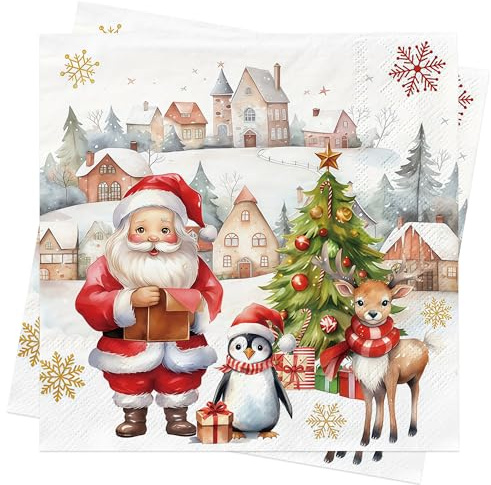 80Stück Weihnachtsservietten Weihnachten Servietten Weihnachtsmann Rentier Servietten Weihnachten Tischdeko Einweg Papierservietten für Weihnachts Party Supply Christmas Napkins