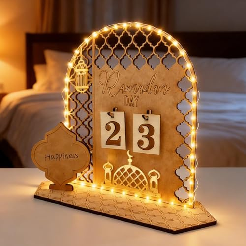 Ramadan Kalender aus Holz mit LED – vielseitige ramadan deko für Kinder und Familien, DIY Countdown geeignet für Wohnzimmer und Tisch, islam deko als eid mubarak dekoration & Geschenk (Paläste)