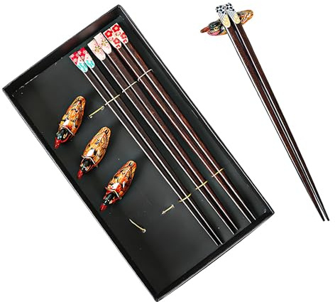 ONEBO 4 pares Palillos japoneses de madera, 22,9 cm, Incluye 4 Pares de Palillos Reutilizables + 4 Soportes | Perfecto Para Comida China y Sushi | Estuche Para Regalo - Estilo japonés Decorado